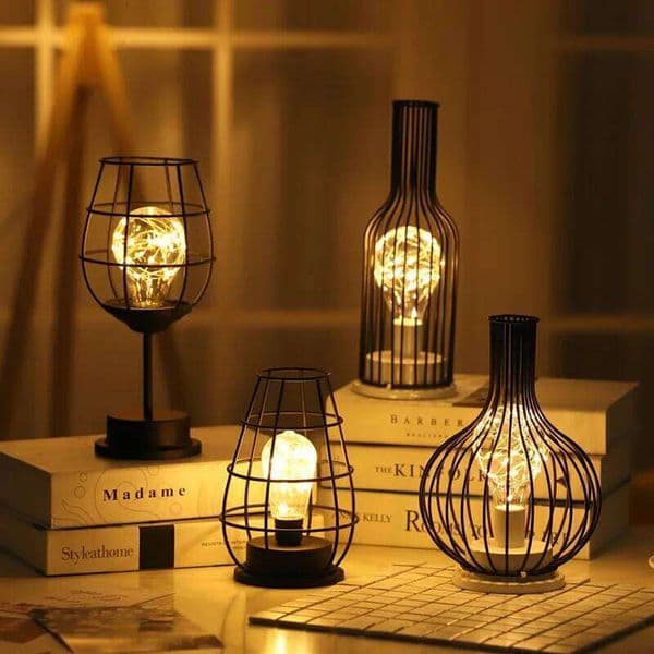 1PC Indoor Iron Wire Cage Design Night Light,Battery-Powered LED Lamp, Decorative Table Lighting for Bedroom, Living Room 26L0304