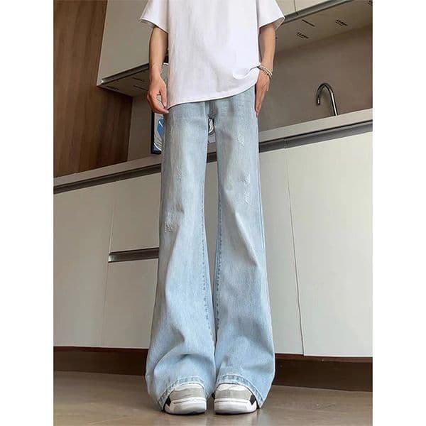 Light Blue Slightly Flared Men's Jeans Straight Designer Pants Slim-fit Pants American Retro Vibe High Street Wide-leg Curved Pants