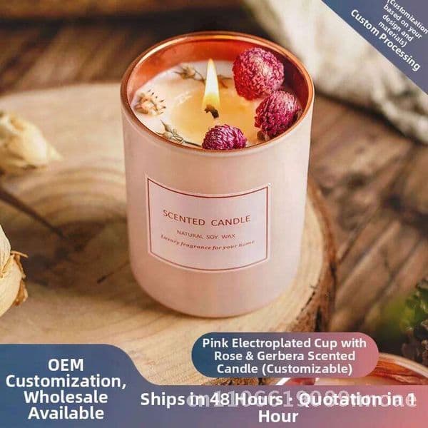 Pink Dried Flower Aromatherapy Soy Wax Cylindrical Scented Candle for Romantic Atmosphere Home Decor Earth & Rose W260304