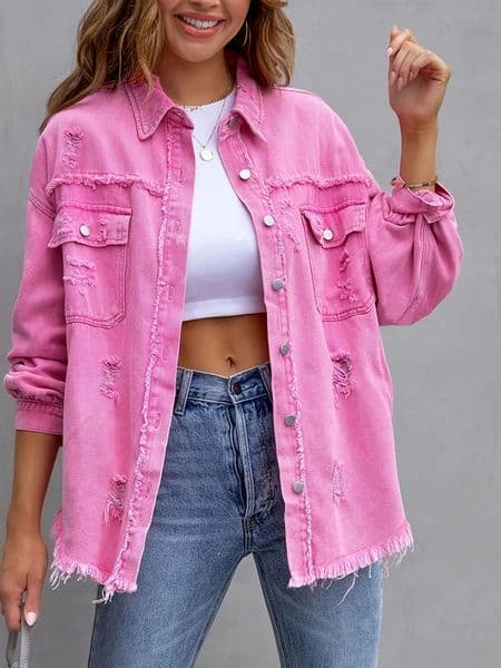 solid colour mid-length hole long-sleeved denim jacket denim jacket women 260303