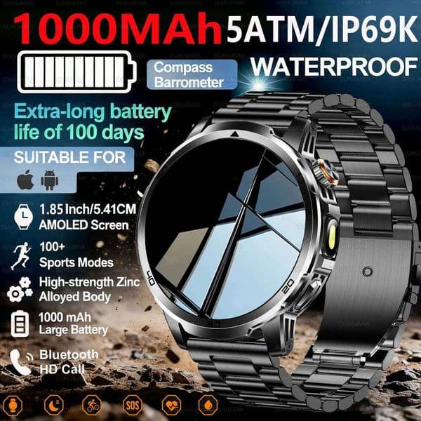 2026 New Outdoor Adventure 1000mAh Large Battery 1.85"Smart Watch 10ATM Waterproof Voice Call Sports Men GPS Fitness Bracelet 26H0304
