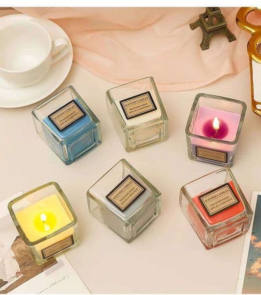 Scented Candle in Square Cup, Creates Cozy Home Ambiance, Relaxing Aromatherapy Gift, Modern Decor for Bedroom, Long Burning Can W260304