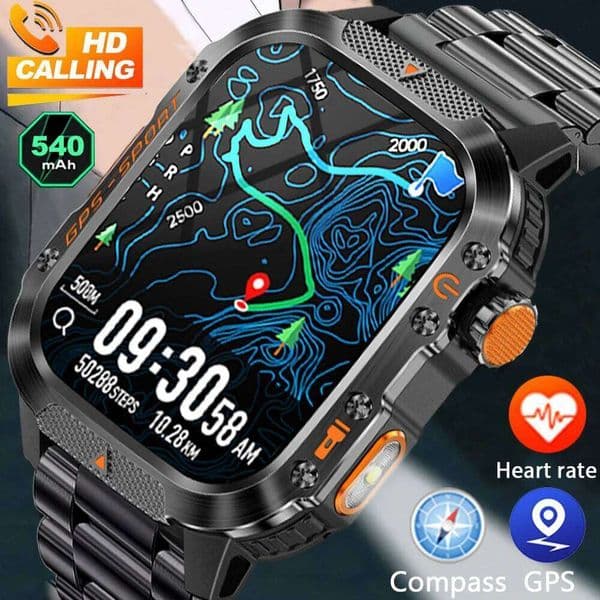 Military Outdoor Smart Watch Men's GPS Flashlight BT Call 2.01" AMOLED Screen 3ATM Waterproof Sports Smartwatch 2025 New 26H0304