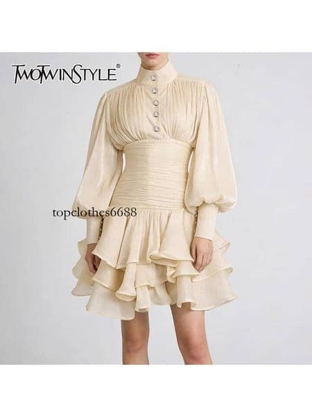 TWOTWINSTYLE Solid Spliced Ruffles Folds Elegant Dresses for Women Stand Neck Long Sleevs Tunic Temperament Dress Female Fashion