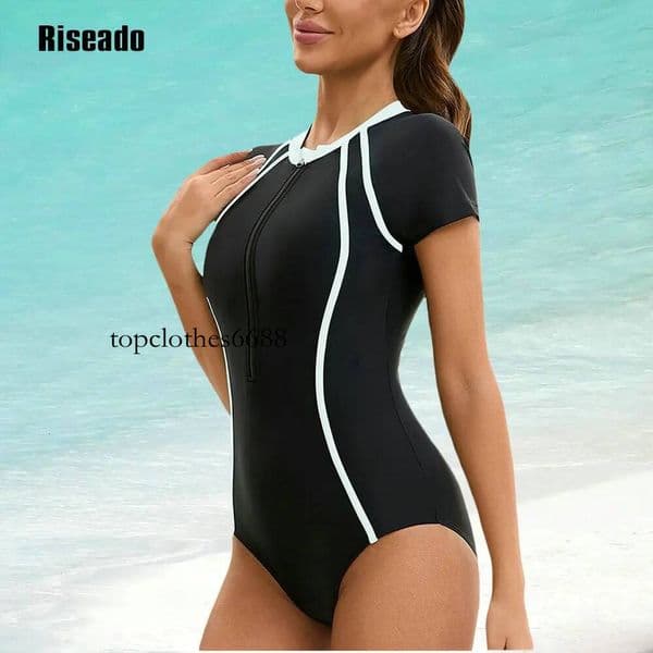 One Piece Swimsuit Mock Neck Zipper Short Sleeve korean Bathing Suit Athletic beach clothes for lady
