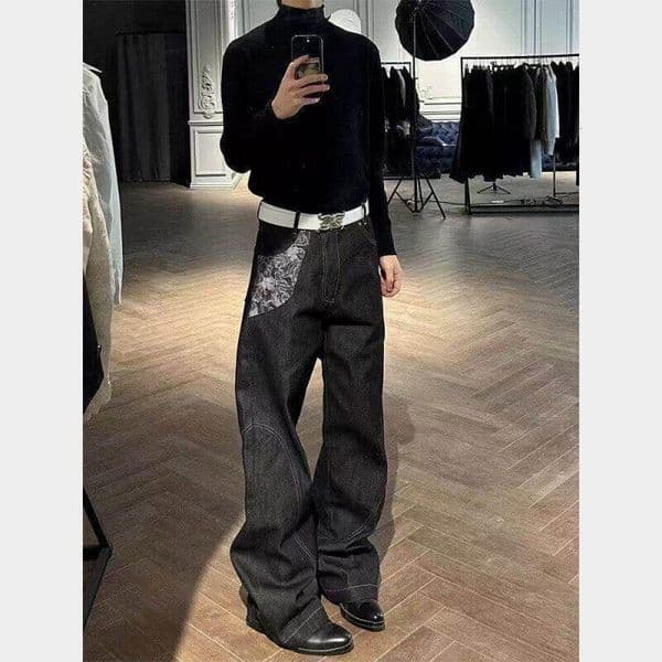 Snake Pattern Narrow Red-ear Distressed Jacquard Jeans For Men Summer Cleanfit Designer Pants Pants Trendy Brand Patchwork Flared Jeans