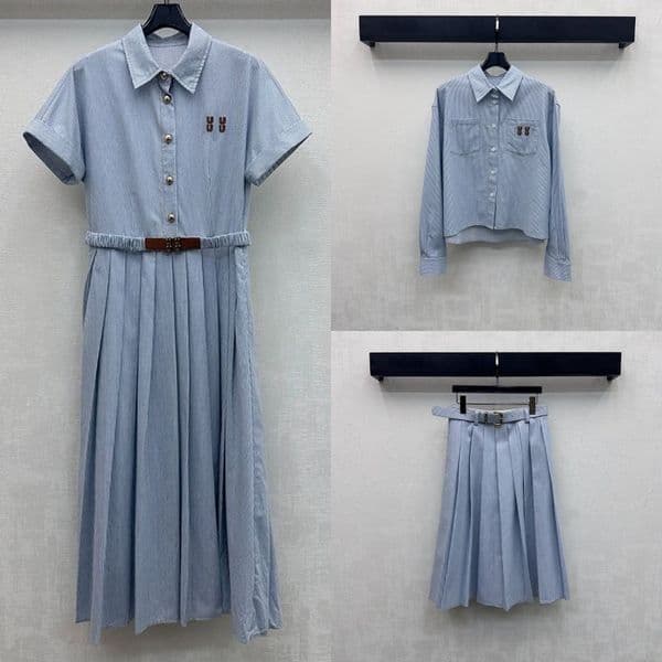 Women Stylish Striped Shirt Dress Casual Preppy Style Cropped Letter Embroidered Blouse High Waisted Pleated Skirts