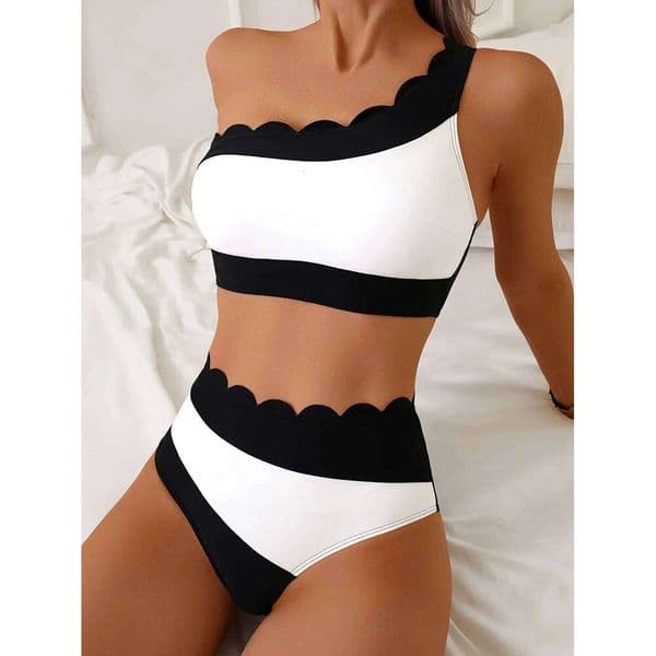Women Color Block Bikini Set Women's Sporty One-Shoulder Two-Piece Swimwear Beach Active Summer Corset Swimsuit Sexy Beachwear Y260303