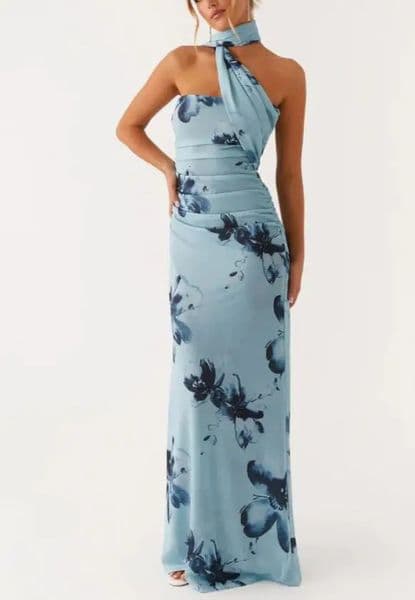 Women Long Dress Floral PrintSolid Color Tube Summer Backless Casual Strapless with Choker Scarf 260304
