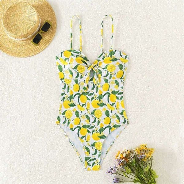 Sexy Yellow Lemon Leaf Print Swimsuit Women 2025 One Piece Swimwear Female Front Hollow Out Bow Bathing Swimming Suit Bather Y260303