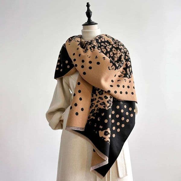 Ladies Thickened Winter Scarf Leopard Print Polka Dot Pattern Dual-Sided Faux Cashmere Jacquard Wool Pashmina Wrap for Luxury XJ260304