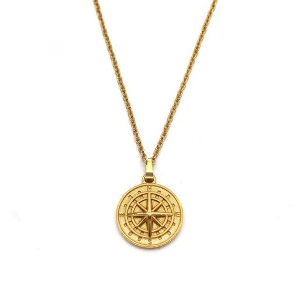 18k Gold Plated Compass Pendant Necklace Stainless Steel Chain Navigator Male Jewelry Men's Religious Jewelry for Men Birthday Father Day Christmas Gift