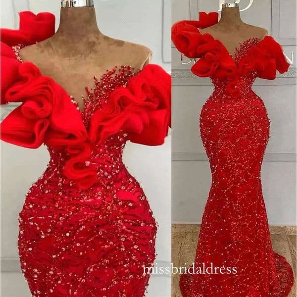 Aso Ebi Mermaid Prom Dresses Ruffles Off Shoulder Reception Dress Sparkly Sequins Red Formal Evening Gowns African Black Girls Pageant Special Ocn Wear 0703 D0304