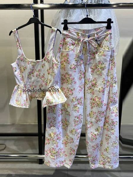 Women's Set Ruffle Floral Printed Sleeveless Cinched Waist Top Female Straight Lace Up Pant Spring Loose Suit For Ladies