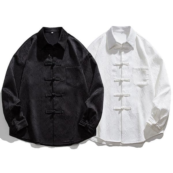 Men's T Shirts Black Textured Mandarin Collar Frog-Button Shirt Oversized Traditional Top
