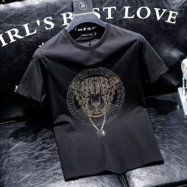 2026 New Designer Luxury Brand European Summer Men's Youth Rhinestone Tiger Head Glitter Short Sleeved T-shirt Round Neck Fashionable Slim Fit Short Sleeved Shirt