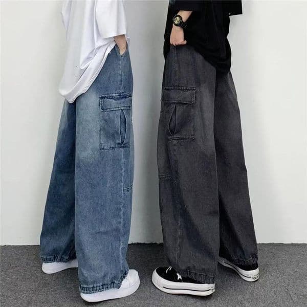 Streetwear Hong Kong Style Retro Draped Loose Wide-leg Designer Pants Casual Big Pocket Cargo Jeans Washed New Dad Pants For Men And Women