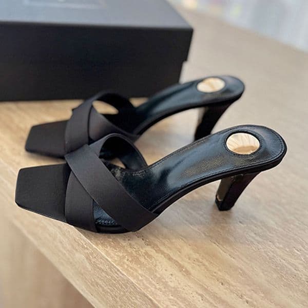 Luxury quality lady smooth leather JILL mules fashion trend crisscrossed square toe tapered block heel sandals Festival Party leather sole Kitten Heel mule sandal