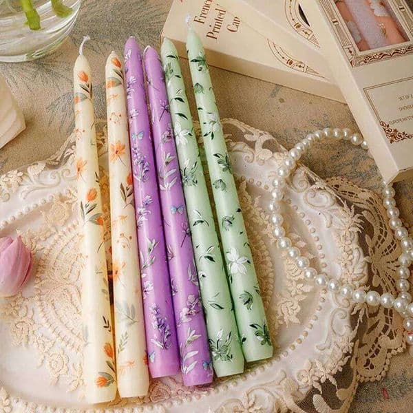 2 Long with Floral Print, Colorful Taper Candles, Set of Wedding Candles for Elegant Home Decoration W260304