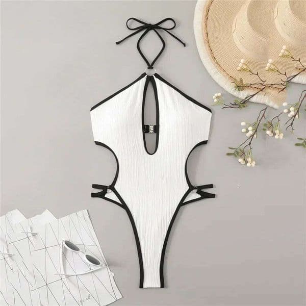 Sexy White Backless Swimwear Women 2024 One Piece Swimsuit Hollow Out Monokini Bathing Suit String Halter Swimming Wear Bather Y260303