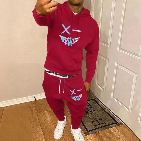 fashion sports letter smiley face 3D printed hoodie pants men's set for spring and autumn
