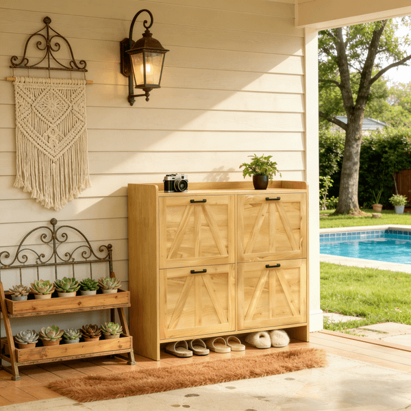Light Oak Rustic Barn-Door Shoe Cabinet with 4 Flip Drawers Sleek Space-Saving Entryway Shoe Organizer for Living Room