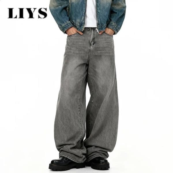 American Mens Retro Baggy Wide Leg Gray Black Jeans Spring Summer Street Daily Casual Straight Denim Pants Clothes Unisex 260228