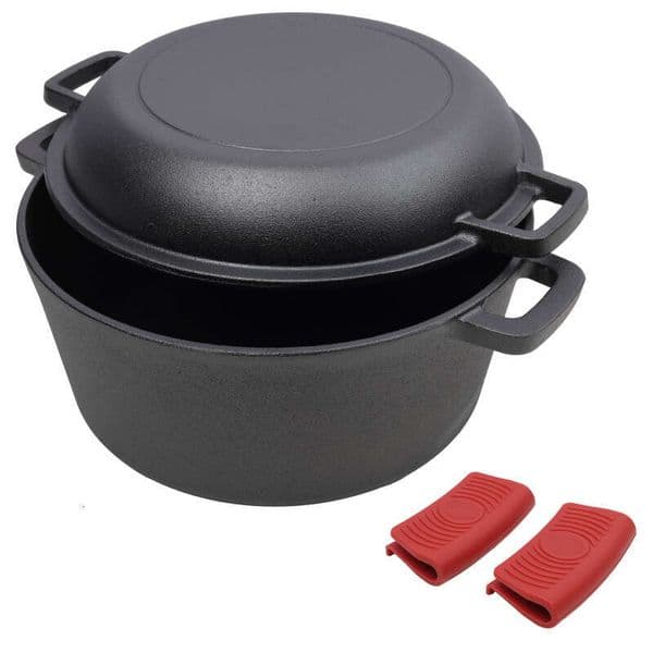 2 in 1 Pre-Seasoned Cast Iron Dutch Oven With Dual Handles, Outdoor Deep Pot for Camping Fireplace Cooking BBQ Baking Campfire, 5 Quart.With 2pcs Silicone