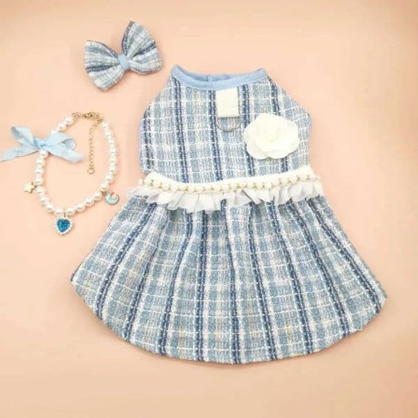 Luxury Fashion Luxury Cute Puppy Plaid Dress Breathable Thin Design dog Cat Bow Pearl Coat Soft Dog cat Vest Autumn Winter M251208 Free Shipping