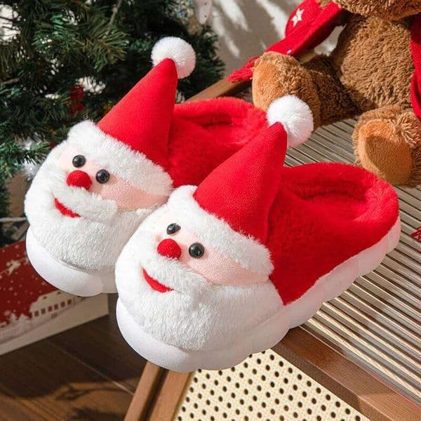 Christmas Cotton Slippers For Women Men Winter Warm House Shoes Cute Cartoon Santa Claus Thick Sole Couples Home Fluffy Slides