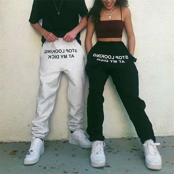 Stop Looking At My Dick Men Women High Waist Pants Black White Casual Joggers Trouser Hip Hop Funny Sweatpants Loose 201110 H260305