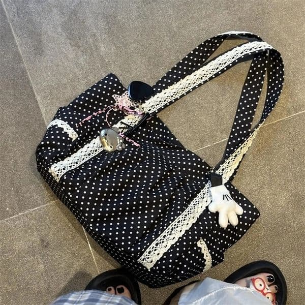 Korean Polka Dot Shoulder Bag For Women Retro Fashion Large Capacity Tote Bag Literary Work Commute Versatile Canvas Handbag 260304