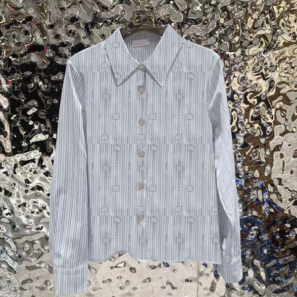Designer Women Luxury Letter Rhinestone Lapel Tops Stylish Striped Long Sleeve Shirt INS Nightclub Party Blouse