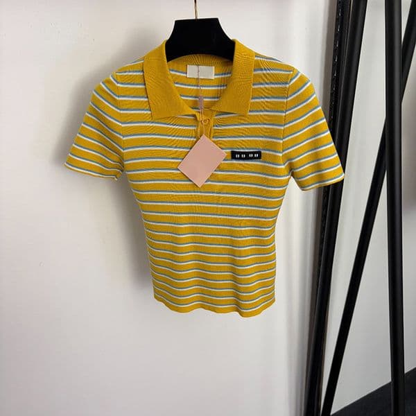 Women Lapel Neck Tees Stripe Print Polo Shirt Short Sleeve Polos Spring Summer Knitted Tee