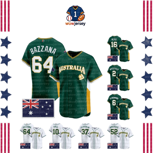 Team Australia 2026 World Baseball Classic Jerseys WBC Travis Bazzana Curtis Mead Aaron Whitefield Robbie Glendinning Alex Hall