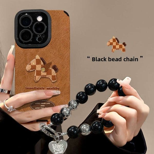 Phone case for iPhone Plaid Pony Chain Case for Apple 15 Pro Max iPhone 17 Autumn Summer 14 Silicone Sheepskin 16 Women
