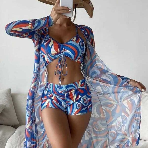 Women's Swimwear Women's Three-Piece Swimsuit Set High Waist Long Sleeve Ins Cover-Up Internet Celebrity Drawstring Outfit