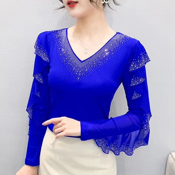 Autumn Style Mesh Tops Korean Fashion Round Neck Ruffles Shirt Lotus Leaf Edge Diamond Long Sleeve Women T 260303