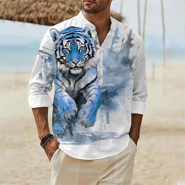 Best-selling in Europe America, 3D tiger print long-sleeve T-shirt, new summer fashion, stylish and unique stand-up collar button-up shirt