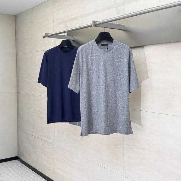 Designer Men Women Relaxed Fit T-shirt Solid Color Crew Neck Side Slit Casual Streetwear Basic Cotton Tops Navy Gray