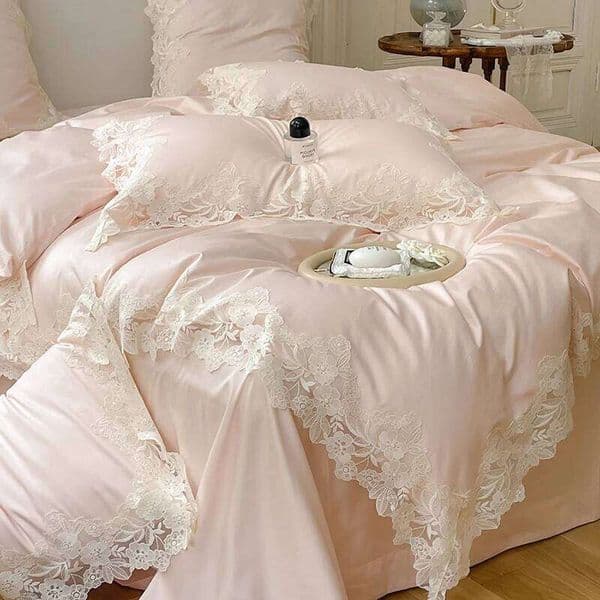 Light Pink Lace Embroidery Princess Bedding Set Luxury Egyptian Cotton Solid Color Quilt/Duvet Cover Bed Sheet Pillowcases C260304