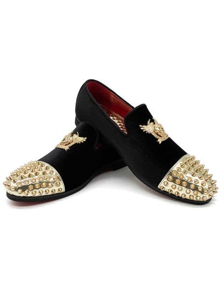 Men's Luxury Black Velvet Loafers Gold Spiked Metallic Cap Toe Eagle Emblem Dress Shoes Fashion Slip-on Smoking Slippers