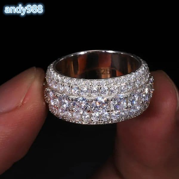 Moissanite Ring Men Custom Hip Hop Fully Ice Out 925 Silver GRA Certificate 5 Row Moissanite Ring
