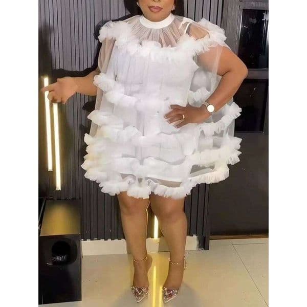 Women Petal Mesh Ball Dress Loose Half High Collar Above Knee Mini Solid Sweet Cute Party Evening Dance Costumes Princess 2025