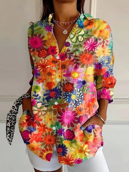 Plus Size Crushed Printed Button Casual Shirt Single Row Home Fashion Basic Versatile Tshirt 260228BANJIA