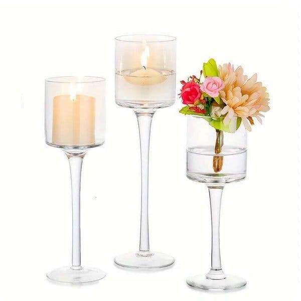 Set of 3 Glass Tall Tea Light Holders, Elegant Clear Long Stem Pillar Candle Holders for Wedding, Party, Home Decor XJ260305
