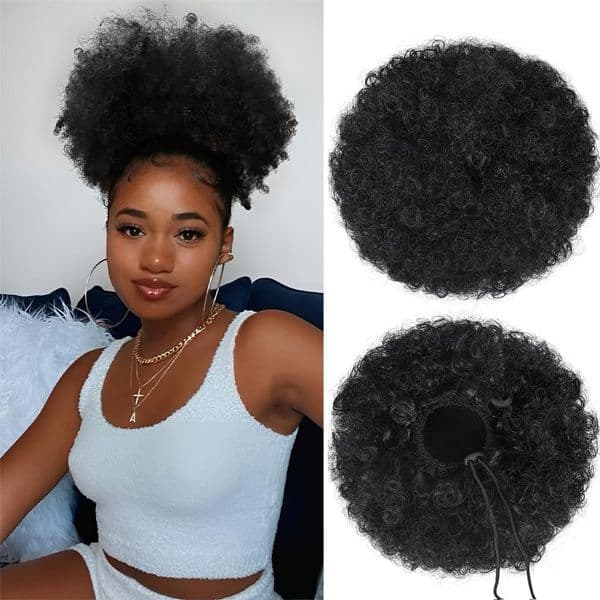 Afro Puff Drawstring Ponytail Short Afro Wigs Curly Bun Hair Pieces For Women Clip On Kinky Curly Synthetic Hairpieces Natural Black 1B