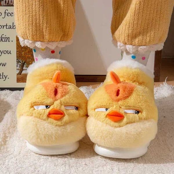 New Cute Cartoon Indoor Slippers For Women Men Funny Yellow Chicken Winter Warm Fluffy Shoes Couples Home Floor Snoot Boots S260305