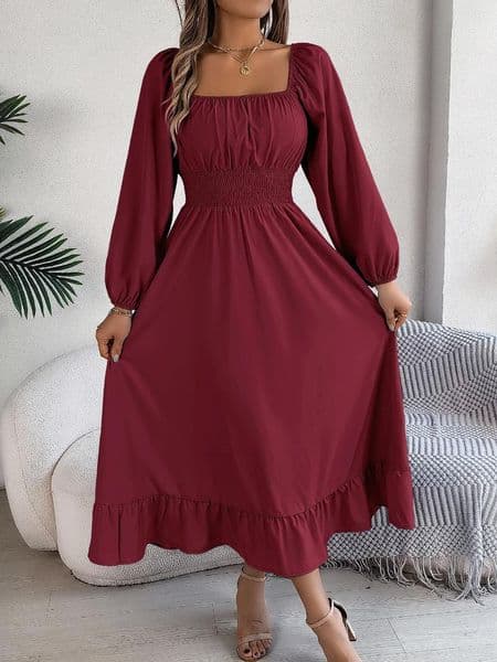 Casual Dresses Spring Summer Elegant High Waist Square Neck Long Sleeve Ruffled Edge For Bridesmaids Red Blue Khaki Women