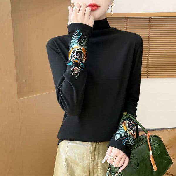 New Chinese Sle Embroidered f High Collar Thiened Fce Warm Inner Wear Loose Knitted Sweater for Women Winter Season